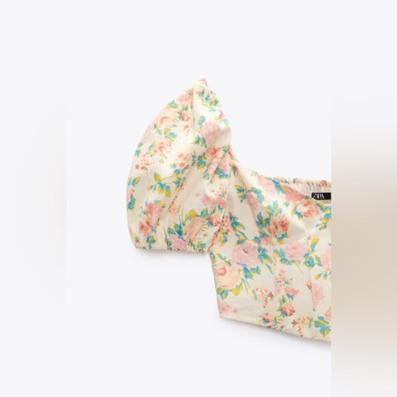 Zara Crop Top Women’s Size Large Floral Puffy Sleeve‎ Smocked Back Corset Point - Picture 7 of 14